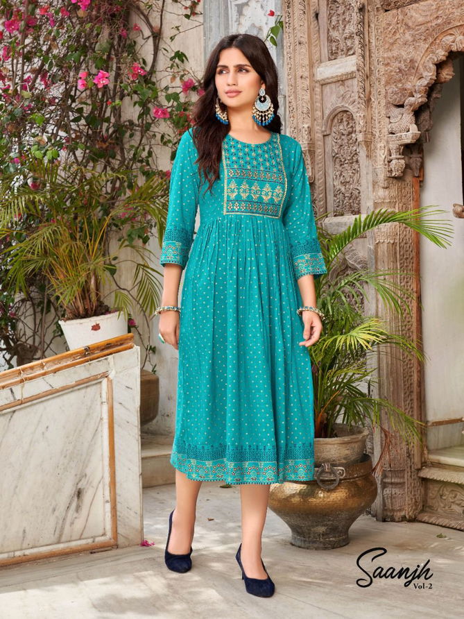 Heritage Saanjh 2 Rayon Printed Ethnic Wear Anarkali Long Kurti Collection